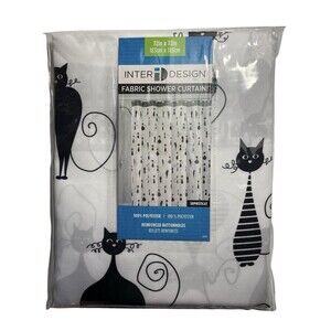 Sophisticat Black Cats Fabric Shower Curtain 72"x72" Modern Gingham 2015 NOS New